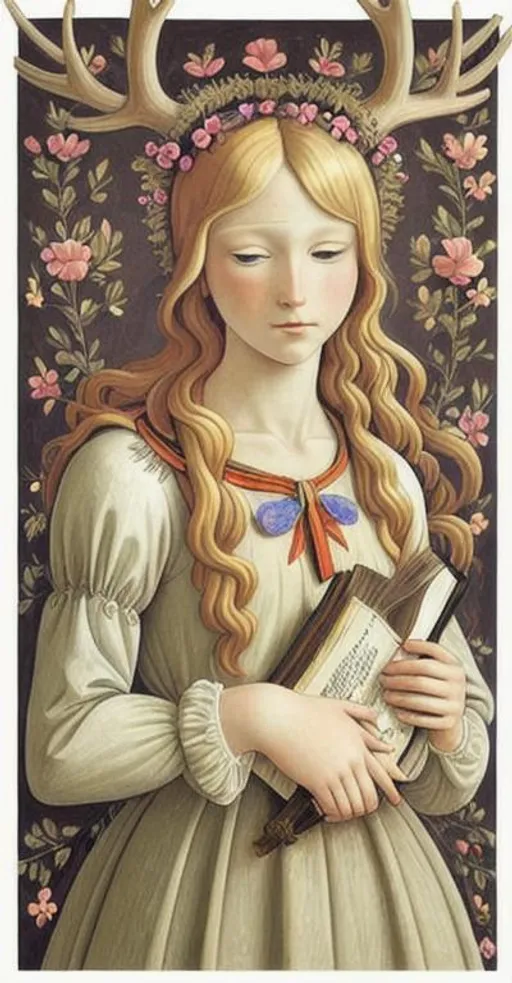Prompt: Blond girl with flowers in her hair, antlers, crucifix around her neck, wearing a dress, holding a bible, flora growing all around her, in the art style of Sandro Botticelli 