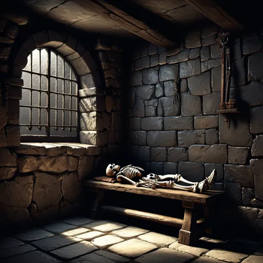 Prompt: Warhammer fantasy RPG style dimly lit cell with small window with metal bars, detailed stone floor and walls, detailed wooden bench, atmospheric lighting, ultra detailed textures, ultra realistic, highres, dungeon, fantasy, medieval, gritty, eerie, heavy shadows, immersive environment, cool tones, foreboding ambiance, ultra realistic single human skeleton laying on the floor