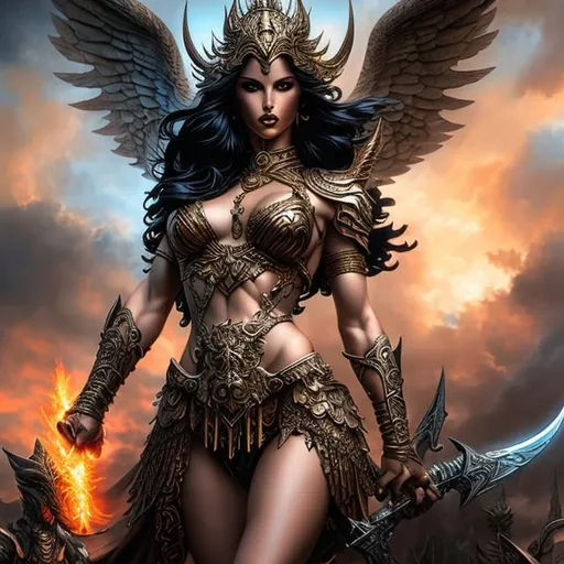 Prompt: goddess of war by j. scott campbell, boris vallejo, and luis royo, masterpiece splash art, perfect limbs, detailed face, looking forward, tattoos