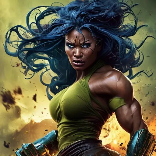 Prompt: /imagine prompt: color photo of a very beautiful woman beating the Hulk, a remarkable sight of strength and beauty combined. Her striking features are accentuated by her determined expression, portraying a mix of confidence and fierceness. Her flowing hair cascades around her like a golden waterfall, adding to her allure. The environment surrounding them is a chaotic scene of destruction, with debris scattered around and buildings partially demolished. The mood is one of triumph and empowerment, as the woman stands tall, showcasing her incredible strength and resilience. The camera settings for this captivating shot include a high-speed digital camera, capturing the action with impeccable precision. The lens used is a telephoto lens, allowing for a close-up view of the intense battle. This unique collaboration of directors, cinematographers, photographers, fashion designers, including Patty Jenkins, Janusz Kamiński, Annie Leibovitz, and Alexander McQueen, would bring a juxtaposition of strength and beauty that captivates the imagination. —c 10 —ar 2:3