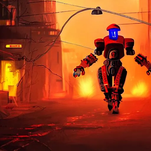 Prompt: Red cyberpunk warrior robot walking through fire and wires in an abandoned war zone town while fighting of enemies
