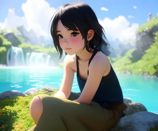Prompt: A girl, sitting on a rock, by a crystal clear blue lagoon with a waterfall running down it, and flowers all around the area, with long black hair, hazelnut brown eyes, with a navy green turtleneck 
 sleeveless top and black pants,  perfect features, extremely detailed, realistic. Krenz Cushart + loish +gaston bussiere +craig mullins, j. c. leyendecker +Artgerm. 