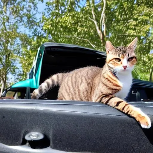 A cat sitting on the car front seat. Driving it. | OpenArt