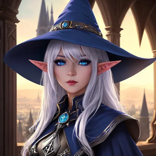 Prompt: half body portrait, female , elf, cleric, drow, dark elf, blue skin, ((blue skin:0.6)), blue pointed ears, detailed face, detailed eyes, full eyelashes, ultra detailed accessories, detailed interior, city background,caplet, witch hat, ((curly hair:0.6)), short hair, bangs, dnd, artwork, dark fantasy, tavern interior, looking outside from a window, inspired by D&D, concept art, night time, ((looking away from viewer:0.9))