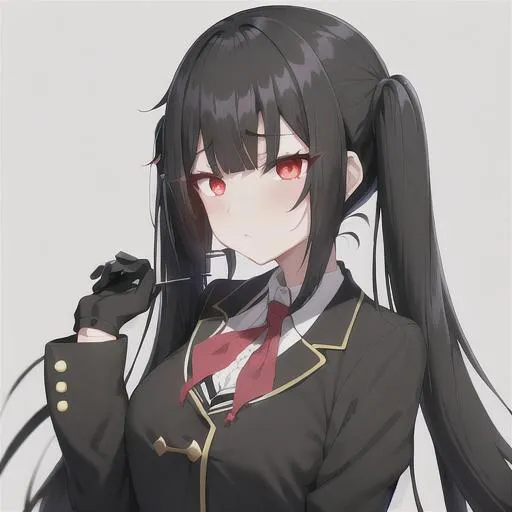 Prompt: a cute black-haired girl with a dark academia aesthetic, long pigtails, a leader personality, school uniform, who likes music,kuromi hairpin, black gloves


