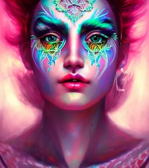 Prompt: portrait of neon fairy, symmetric, facepaint facepaint facepaint, intricate jewelry, trending on artstation 4 k, high quality, in the style of karol bak and tom bagshaw
