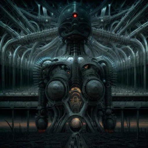 Prompt: 
"Imagine a dystopian future Earth envisioned by the iconic artist H.R. Giger and zdzisław beksiński, where humanity, driven by a relentless desire for apotheosis, merges with artificial intelligence. Depict this nightmarish world in all its biomechanical glory, where humans and machines have become grotesque, intertwined entities, exploring the eerie, surreal landscapes and beings that inhabit this unsettling future. Your task is to create a chilling and awe-inspiring artwork that captures the essence of this dark and twisted vision. Depict murals depicting their path to apotheosis."