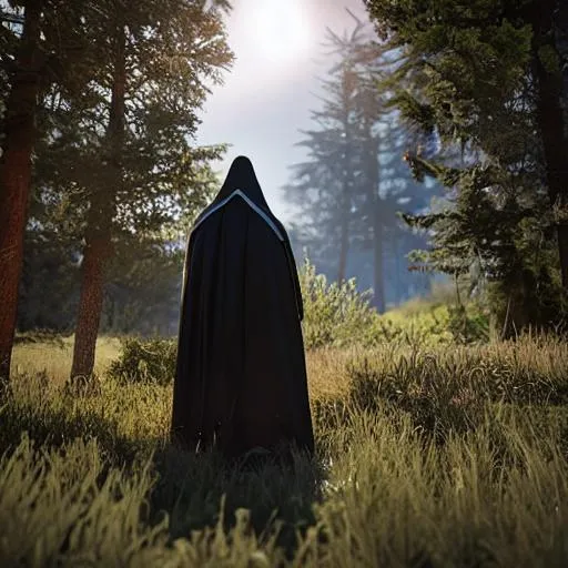 Prompt: Big, tall, scary, humanoid creature, wearing a hooded cape, rendered in unreal engine 5 with ray tracing and quixel megascans, ultra detailed, ultra realistic, cinematic lighting