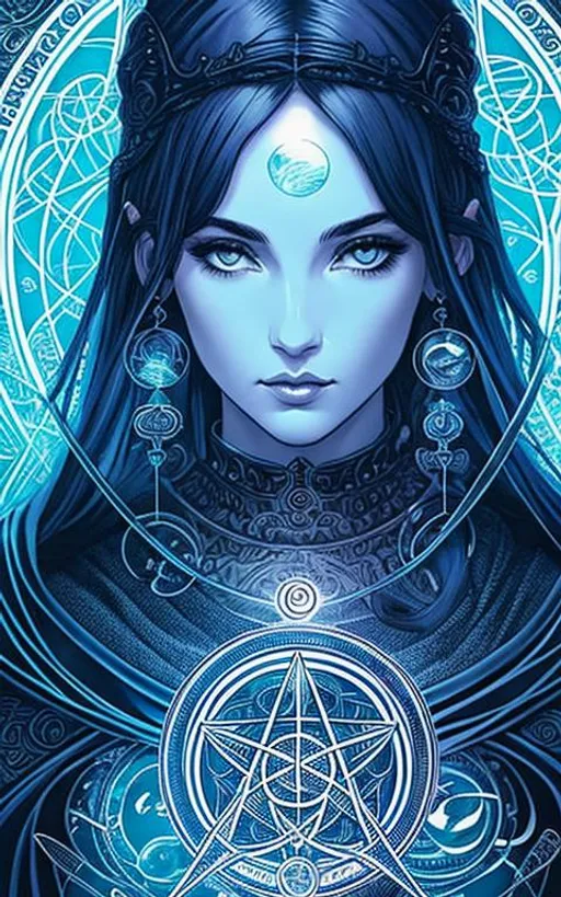 Prompt: tarot card style + triple goddess portrait, vintage detailed sci-fi illustration, pentagram + intricate Celtic ink illustration + symmetry + bloodborn  
