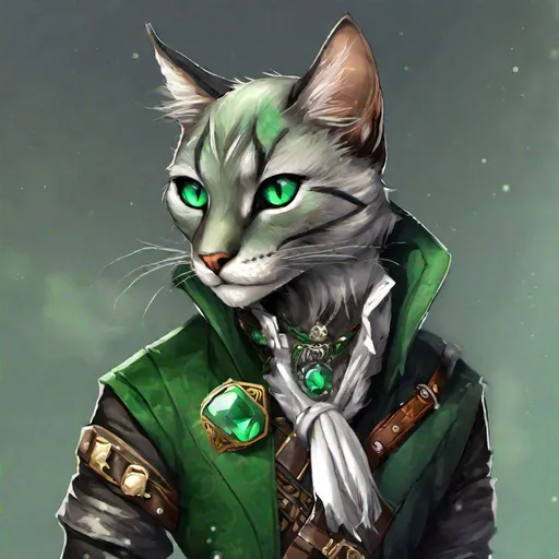 Prompt: a sleek and nimble Tabaxi with striking emerald green eyes and a luxurious coat of silver and black fur. His lithe and agile build makes him an adept climber and swift runner. He wears a collection of colorful scarves and a leather vest adorned with various trinkets and pouches, signifying his eclectic tastes and adventurous spirit.