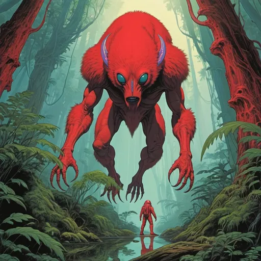 Prompt: a red furred creature stalks its prey from above in an alien rainforest, in moebius style