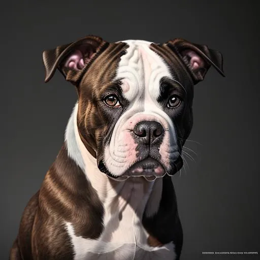 Prompt: brindle and white American bulldog puppy, matte,Highly detailed photo realistic digital artwork. High definition. Android Jones and tom bagshaw, BiggalsOctane render, volumetric lighting, shadow effect, insanely detailed and intricate, photorealistic, highly detailed, artstation by WLOP, by artgerm