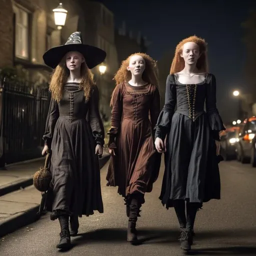 Prompt: Mia Wasikowska and Amybeth McNulty dressed as witches for Halloween walking down the street.