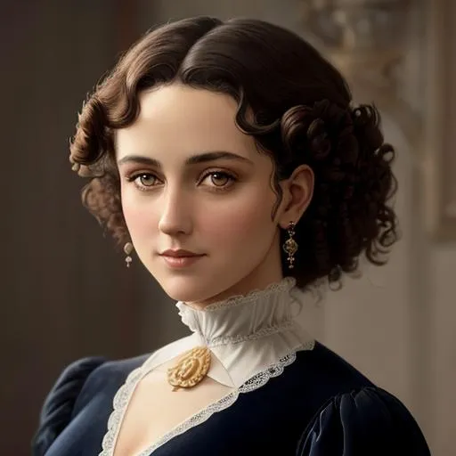 Prompt: An attractive 35 year old woman with very curly hair, elegant, Victorian era, 19th century, facial closeup, in color