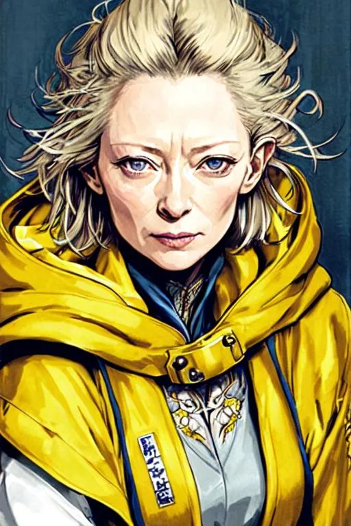 Prompt: (((Yoji Shinkawa))), sticker of ultra detailed portrait of Tilda Swinton, 67 years old, in yellow hooded magic robe. high quality cell shaded illustration in fantasy apocalyptic style by Yoji Shinkawa, ((full body)), dynamic pose, perfect anatomy, castle setting, magician, centered, freedom, soul, grey and blonde short hair, approach to perfection, cell shading, 4k , cinematic dramatic atmosphere, watercolor painting, global illumination, detailed and intricate environment, artstation, concept art, fluid and sharp focus, volumetric lighting, cinematic lighting, Art by Yoji Shinkawa,