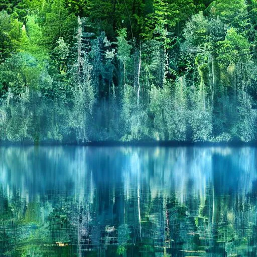 Prompt: Lake, forest, clear, blue water, beautiful, alone, fantasy, scary.
