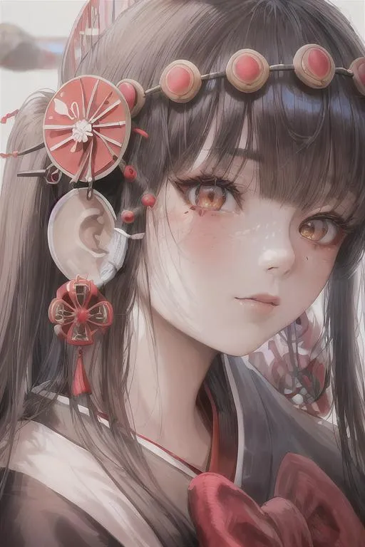 Prompt: "A close-up photo of a gorgeous Japanese shrine maiden, in hyperrealistic detail. The young woman's face is the center of attention, with a sense of mystery and allure that draws the viewer in. The detailing of her face is stunning, with every pore, freckle, and line rendered in vivid detail. Her eyes are piercing and captivating, with a sense of ancient wisdom and reverence that suggests a deep spiritual connection. The details of her elegant and traditional shrine maiden attire are also rendered with exquisite detail, from the intricate pattern work on her kimono to the delicate accessories in her hair. The young woman is positioned in front of a traditional Japanese shrine, with a sense of reverence and respect that gives the image a sacred and spiritual feel."