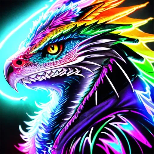 Portrait of a roaring feathered neon skeleton dragon...