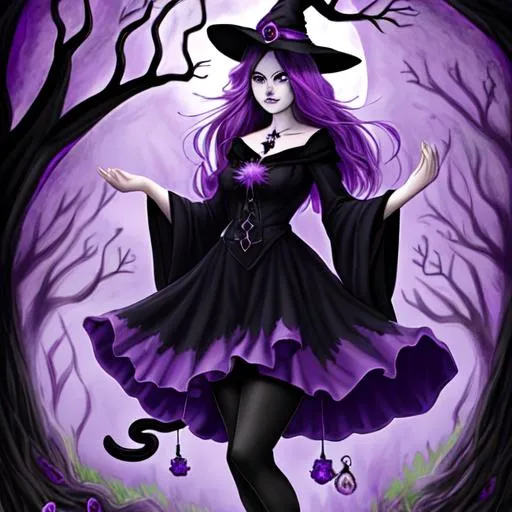 Prompt: amethyst witch young woman cat in trees haunted and dark witchy