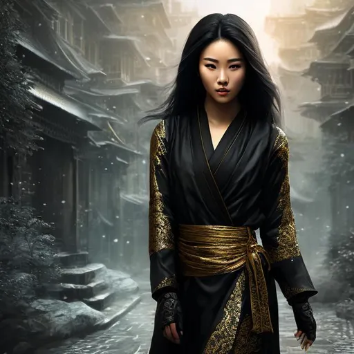 Prompt: create best quality photograph of beautiful elite female ninja in gold and black ninja style robes, Most beautiful ninja style background, detailed face, extremely detailed environment, extremely detailed background, extremely detailed skin, extremely detailed clothing, natural colors , professionally color graded, photorealism, 8k, realistic, moody lighting, ambience lighting, galactic environment, volumetric lighting