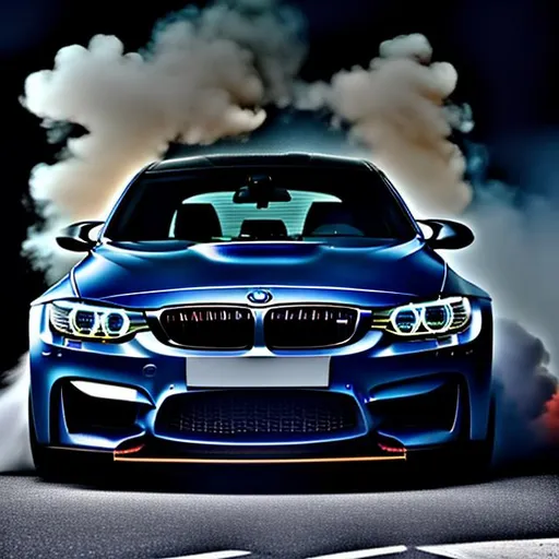 Prompt: BMW M3 re-imagined, dark room, smoke around car, black car, front view
