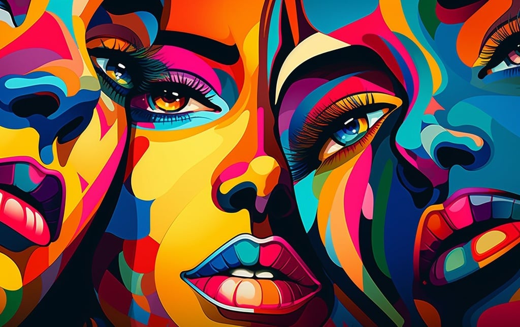 Prompt: an artistic image with a colorful group of faces, in the style of bold graphic illustrations, psychedelic hues, graphic design-inspired illustrations, women artists, frontal perspective, indian pop culture, intense close-ups