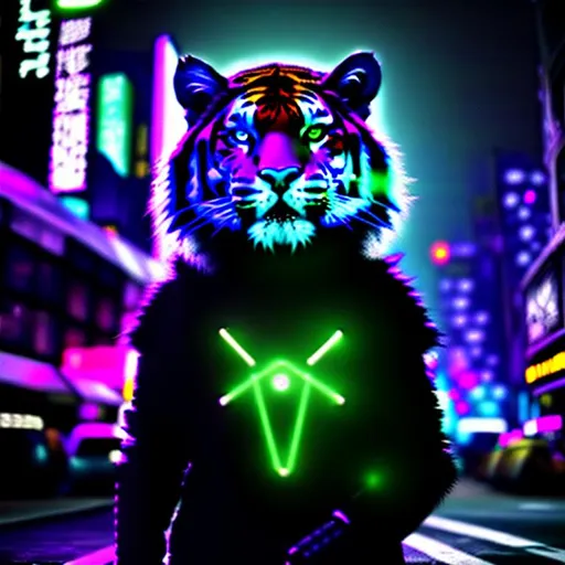 Prompt: tiger in cyber punk style , 4k , ultra realistic , wild , animal , cyber punk , animal
