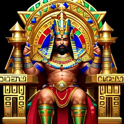 Prompt: A dark skin male Dwarven Pharoah wearing gold and blue and green and red ancient Egyptian/Roman style pharoah's armor sitting on a gold throne in a pyramid. red hair, green eyes, lots of gold jewelry and black egyptian style makeup, red dwarven beard.