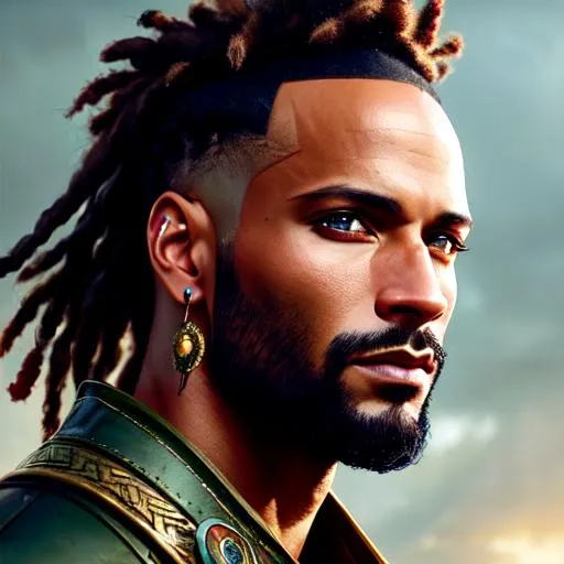 Prompt: portrait of detailed dreadpunk bald Ricky Whittle as warrior, cinematic shot on Leica M6 ultra realistic Rory Lewis Artgerm WLOP Jeremy Lipking Jane Ansell studio lighting, ray tracing bloom The 100 atmosphere