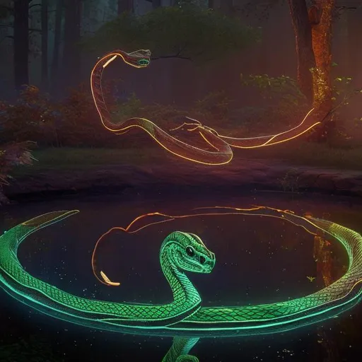 Prompt: A serpent that glows sitting in the middle of a pond in the woods
