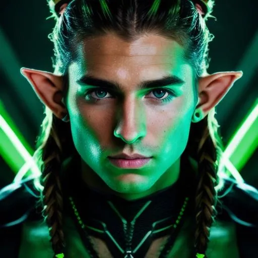 Prompt: Male elf with long brown hair in a messy man bun. Wearing neon futuristic clothing. 