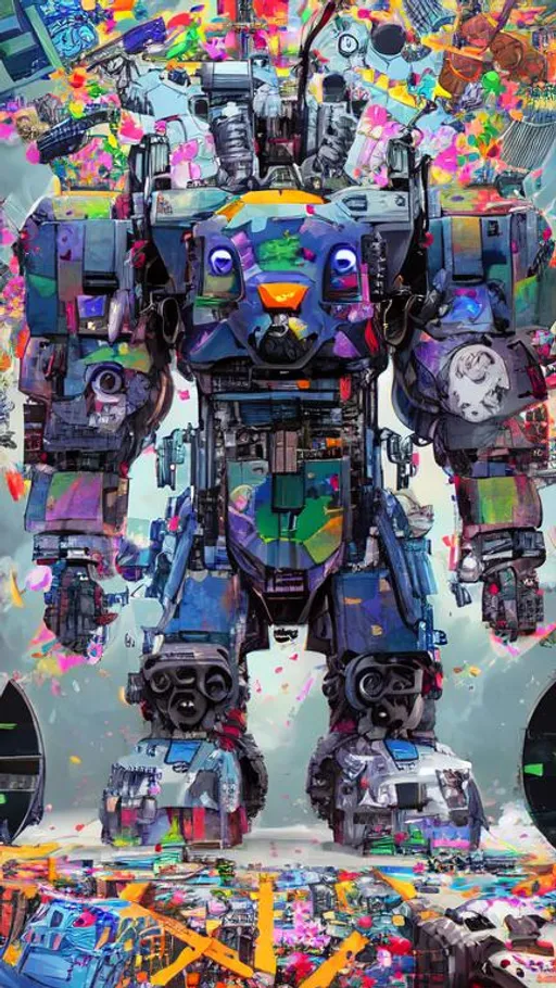 Prompt: Weird colorful teddy bears, nuclear wasteland, assembly line, cloning, mech, guns, hyper detailed, very colorful 