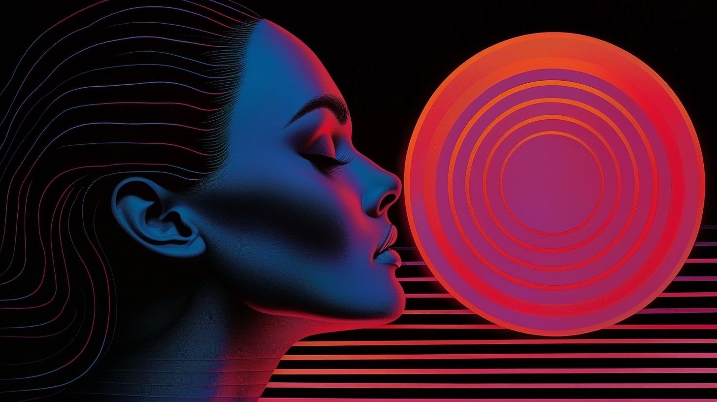 Prompt: In a wide format, depict a woman's face in profile, her hair styled into expansive spirals tinged with pink, blue, and violet. The backdrop is alive with glowing, concentric neon rings, giving the scene a dreamlike quality. The colors used are predominantly cool, evoking a sense of futuristic allure.