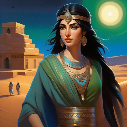 Prompt: Third person, gameplay, ancient Assyrian girl, pale skin, black hair, green eyes, blue atmosphere, Nineveh at night, desert, cartoony style, extremely detailed painting by Greg Rutkowski and by Henry Justice Ford and by Steve Henderson 