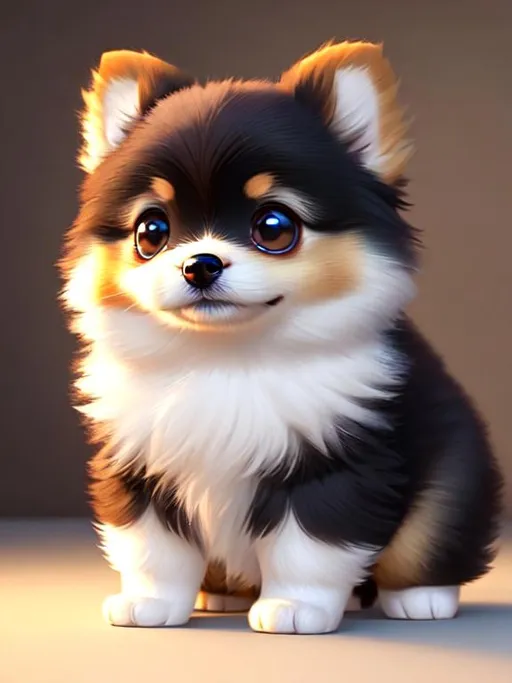 Prompt: Disney Pixar style cute pomeranian puppy, highly detailed, fluffy, intricate, big eyes, adorable, beautiful, soft dramatic lighting, light shafts, radiant, ultra high quality octane render,