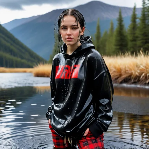 Prompt: photo of young woman, soaking wet clothes, army boots , red and black plaid pants, oversized black sweater,  , emerging from a mountain lake,   enjoying, water dripping from clothes, clothes stuck to body,  detailed textures of the wet fabric, wet face, wet plastered hair,  wet, drenched, professional, high-quality details, full body view.