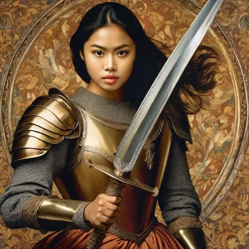 Prompt: half body, pretty young Indonesian woman, 25 year old, (round face, high cheekbones, almond-shaped brown eyes, small delicate nose), dressed as a knight, holding a sword, active pose, renaissance, masculine, character, pre-raphaelite, masterpiece, intricate detail, backdrop medieval battle