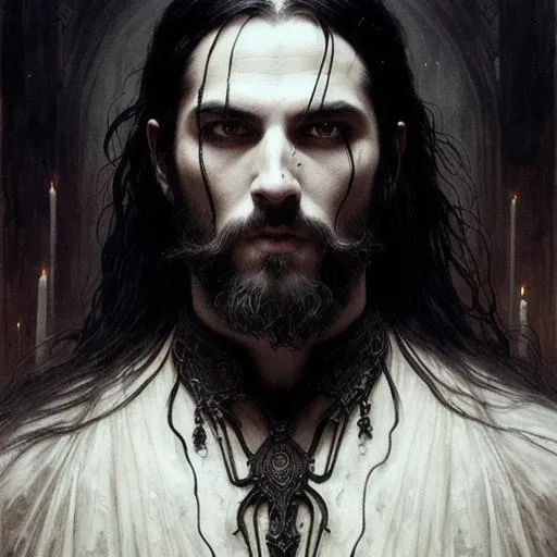 Prompt: portrait of a ancient bloodthirsty vampire man revenant with long tangles of black hair, eerie glowing eyes, gothic fog ambience, hyper realistic head, fantasy art, in the style of greg rutkowski, zdizslaw beksinski, intricate, alphonse mucha, hyper detailed, smooth