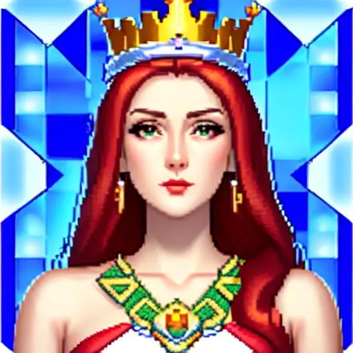 Prompt: chess queen as women, pixelated, beautiful, symmetric face, crowned, RTX, beautiful background,