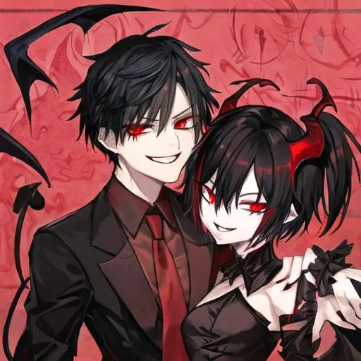 Prompt: Damien as a demon (male, short black hair, red eyes) grinning seductively