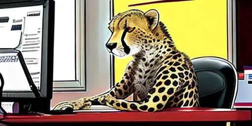 a cheetah working in an office looking at computer.... | OpenArt