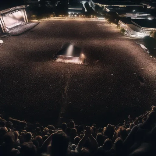 Prompt: a bird's eye view of a huge crowd at a night concert. Realistic photography, intricate detail, hyper-realistic, photorealism, award–winning photograph, shot on Fujifilm XT3 
