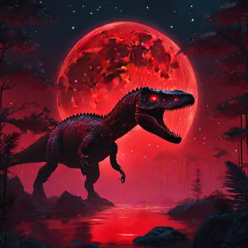 Prompt: A mythical bioluminescent spineosaurus that is glowing, evil, scary, creepy, terrifying, dripping red rainforest, huge blood moon, beneath the stars, highres, best quality, concept art
