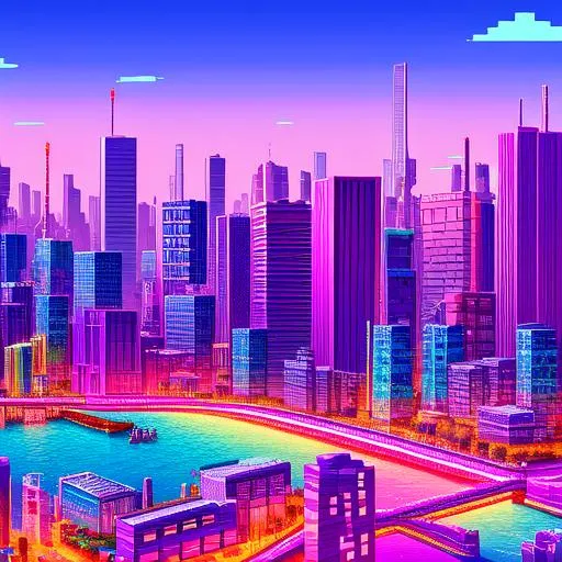 Prompt: Extremely detailed amazing Image of an 8 bit city with buildings, billboards & 8 bit stylized people. Everything is in perfect proportion Crisp, Vibrant & Colorful image with a purple complementary color scheme.