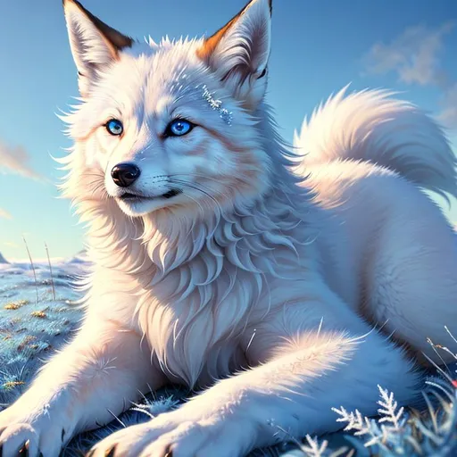 Prompt: (masterpiece, professional oil painting, epic digital art, hyper detailed, best quality:1.5), beautiful portrait of white ((fox-wolf)), (canine quadruped), female, adolescent, ice elemental, deep blue fur covered in frost, bashful hypnotic sapphire blue eyes, 8k eyes, emanating enchanted blue aura, sprawled on frosted grassy field, extremely beautiful, thick billowing silver mane covered in frost, (plump:2), Anne Stokes, mid close up, close up, kitsune, presenting magical jewel, detailed smiling face, finely detailed fur, hyper detailed fur, (soft silky intricately detailed fur), fluffy fox ears, cool colors, beaming sun, professional, symmetric, golden ratio, unreal engine, depth, volumetric lighting, rich oil medium, (brilliant auroras), (ice storm), full body focus, beautifully detailed starry sky, majestic sunset, cinematic, 64K, UHD, intricate detail, high quality, high detail, masterpiece, intricate facial detail, high quality, detailed face, intricate quality, intricate eye detail, highly detailed, high resolution scan, intricate detailed, highly detailed face, very detailed, high resolution