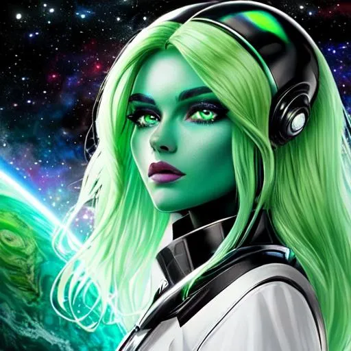 Prompt: A beautiful  alien woman, beautiful face, stunning green eyes, ombre green hair,cosmic background