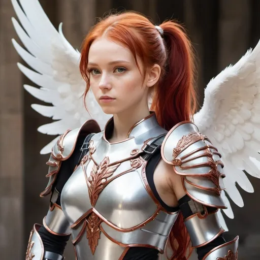 Prompt: A angelic girl with red hair and six wings, her hairstyle is 
ponytail, she wears silver armor