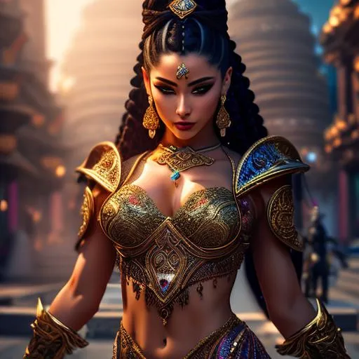 Prompt: Gorgeous, stunning, beautiful, otherworldly toned muscular Yuan-Ti martial artist goddess with long braided hair wearing ancient fantasy Romani clothing, elegant posing, full body, centered, fantasy setting, character concept, cinematic, colorful background, concept art, dramatic lighting, highly detailed, hyper realistic, intricate sharp details, octane render, smooth, studio lighting, trending on art station, 8k, HDR, unreal engine, emotive, cgi, animated, character art, iridescent, metallic