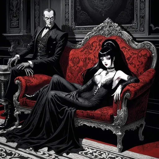 Prompt: Junji Ito manga style Black and White, Elvira Mistress of the Dark lying on her side on a Chaise Lounge with Lionel Atwill next her), baroque style, dark color scheme, elegantly gothic attire, intricate details, dim lighting, dramatic shadows, opulent background, luxurious textures, ornate furniture, deep reds and blacks, baroque patterns, solemn atmosphere, rich color tones, dark romanticism, ultra-detailed, 4K, photorealistic masterpiece, timeless elegance.