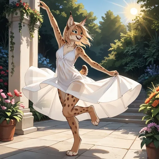 Prompt: ultra-detailed, best_quality, alluring lynx girl furry, dancing in her garden,  wearing translucent sun dress